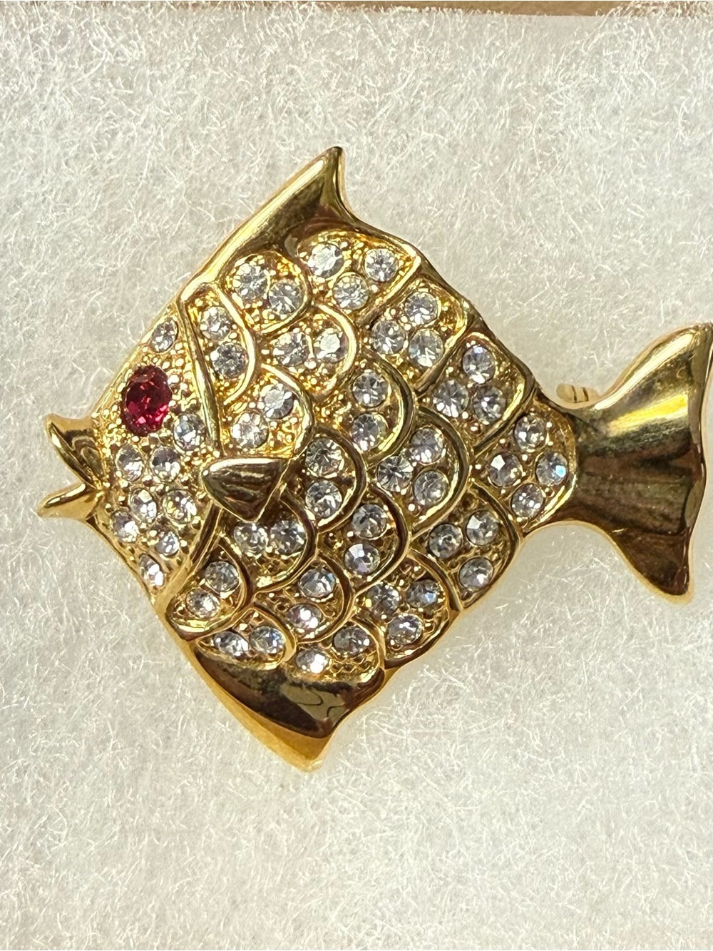 Gold-Tone Fish Brooch Rhinestone Pave Pin - Clear and Red Accents
